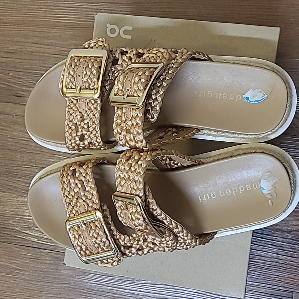 MADEN GIRL Women's Tan Woven Sandals with Gold Buckles used good‎ condition - Picture 5 of 13